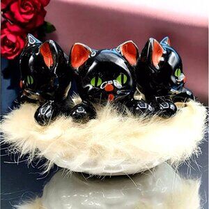 Black Kitties Fur Trimmed Basket Cats Green Eyes 1960s Japan Brinn's Halloween